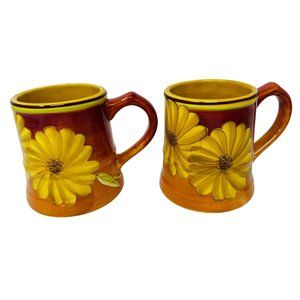 Laurie Gates Ware Set of 2 Yellow Flowers Floral Ceramic Coffee Tea Cup Mug
